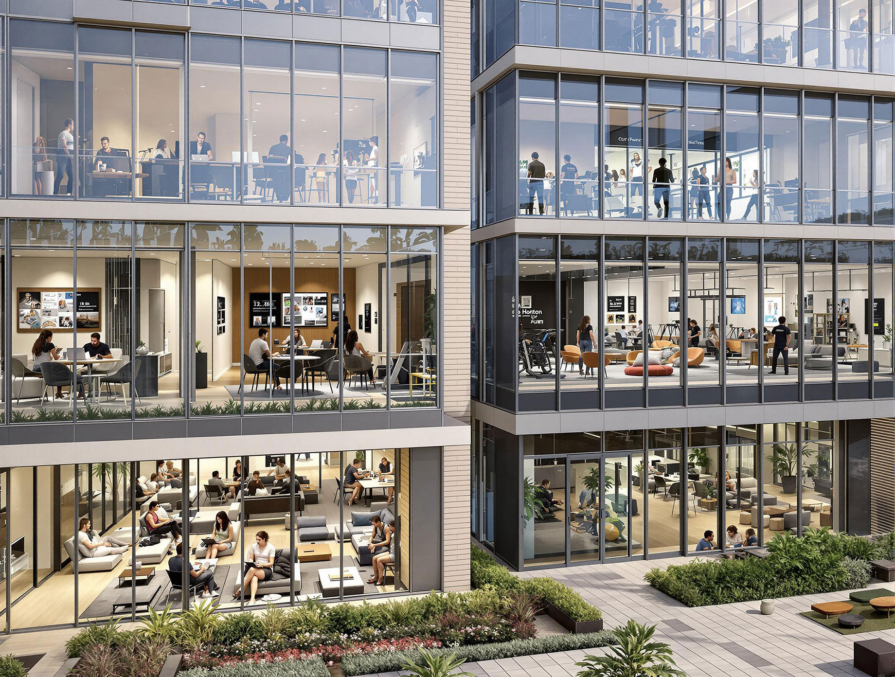 A contemporary apartment complex featuring co-working spaces, a fitness center, communal lounges, and outdoor recreational areas, highlighting modern living with smart home features and a strong sense of community.