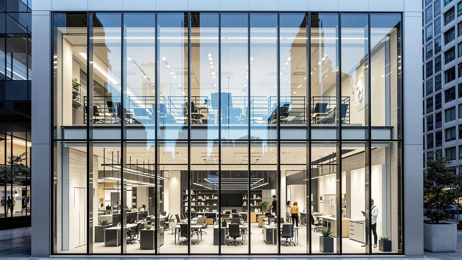 A sleek, contemporary commercial building featuring a glass facade and large windows, showcasing a well-lit, open interior workspace with glass partitions and modern furniture.
