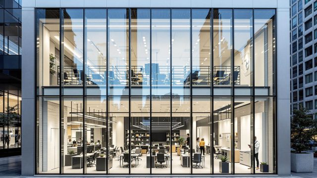 A sleek, contemporary commercial building featuring a glass facade and large windows, showcasing a well-lit, open interior workspace with glass partitions and modern furniture.