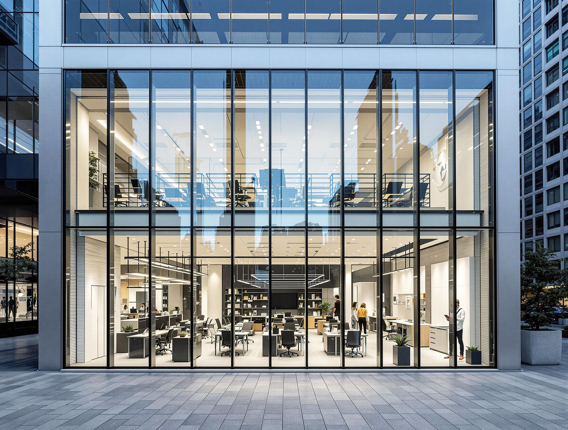 A sleek, contemporary commercial building featuring a glass facade and large windows, showcasing a well-lit, open interior workspace with glass partitions and modern furniture.