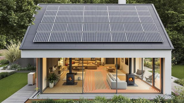 A modern, eco-friendly home featuring solar panels, a heat pump, biomass stove, and radiant floor heating, surrounded by lush greenery.