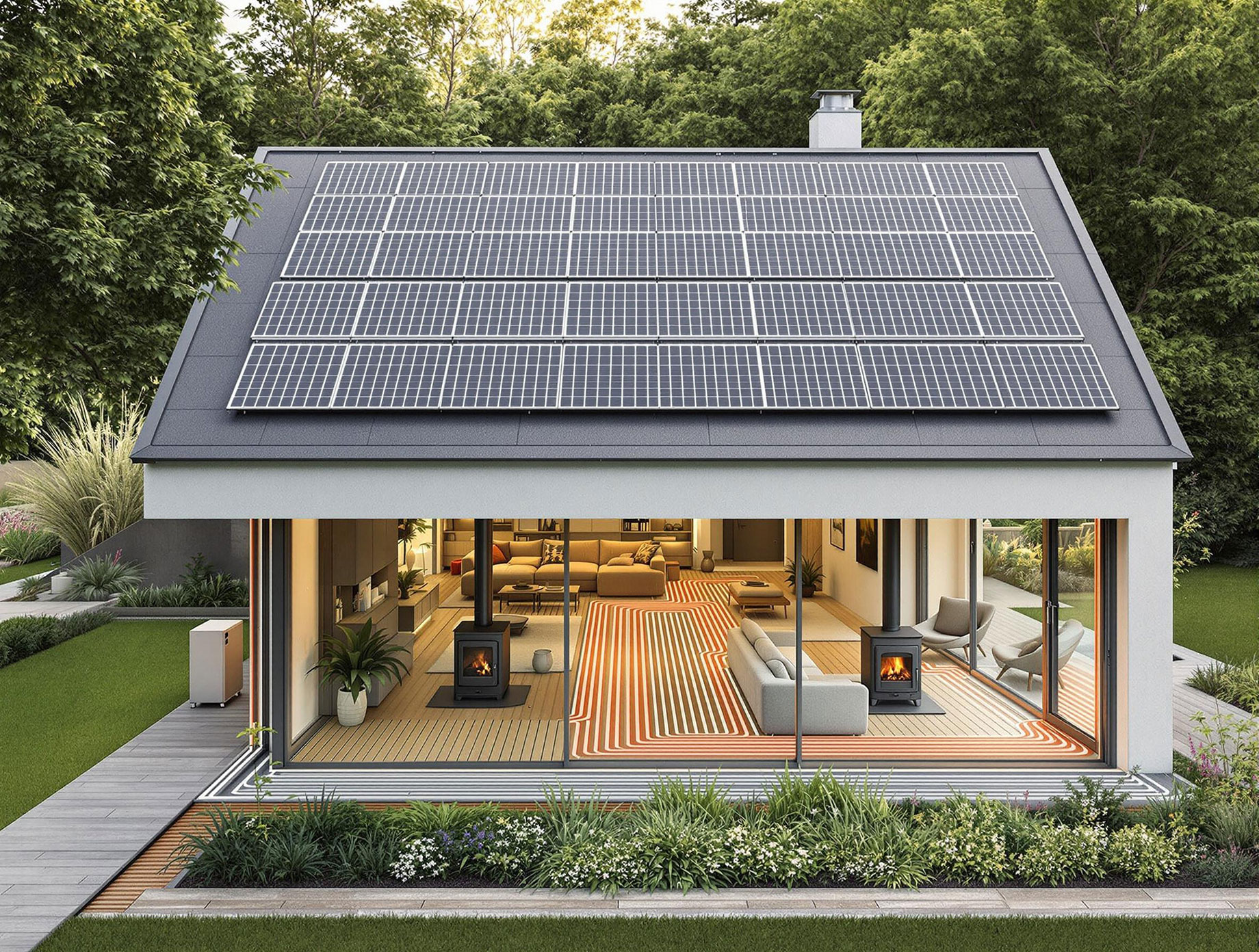 A modern, eco-friendly home featuring solar panels, a heat pump, biomass stove, and radiant floor heating, surrounded by lush greenery.