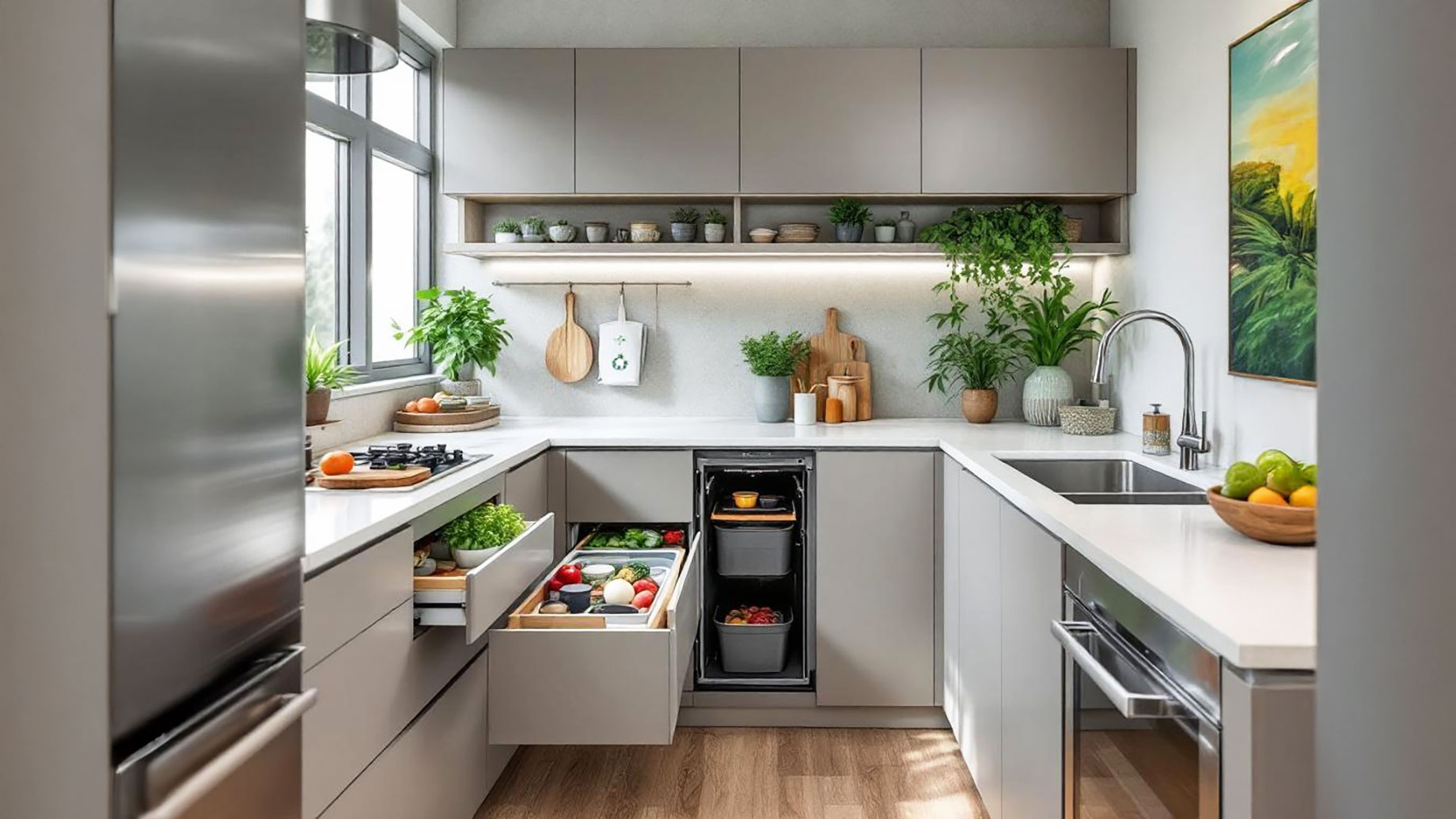 A modern, eco-friendly kitchen featuring pull-out compost drawers, a multi-stream recycling system, an under-counter food scrap collector, energy-efficient LED lighting, and a low-flow faucet, designed for sustainability and ease of use.