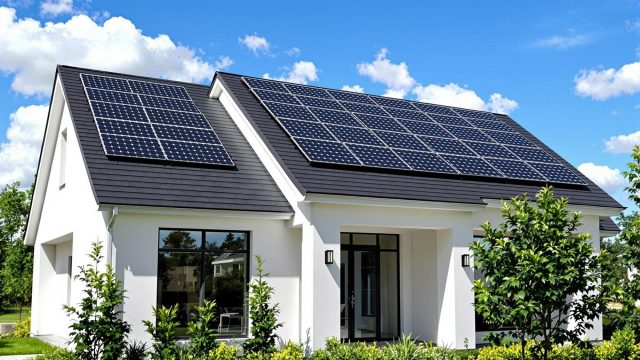 A modern house with solar shingles on the roof, set on a sunny day with a clear blue sky and surrounded by greenery.
