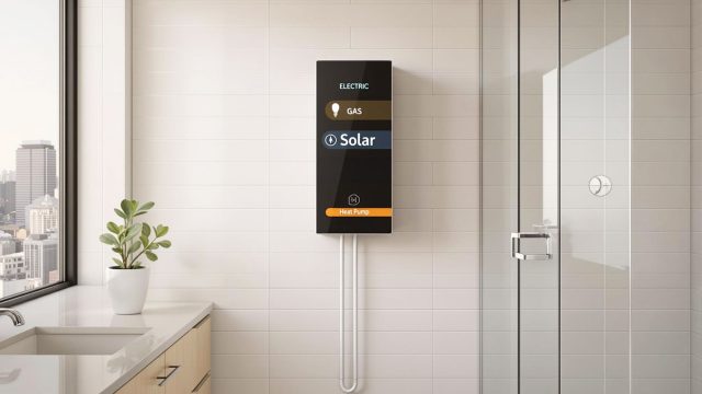 A modern bathroom showcasing different types of hot water systems including electric, gas, solar, and heat pump, emphasizing energy efficiency and sustainability.