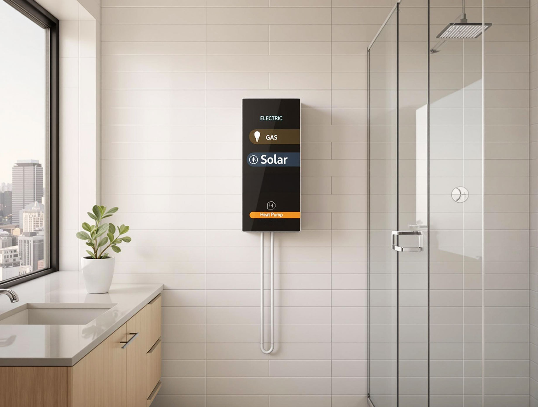 A modern bathroom showcasing different types of hot water systems including electric, gas, solar, and heat pump, emphasizing energy efficiency and sustainability.