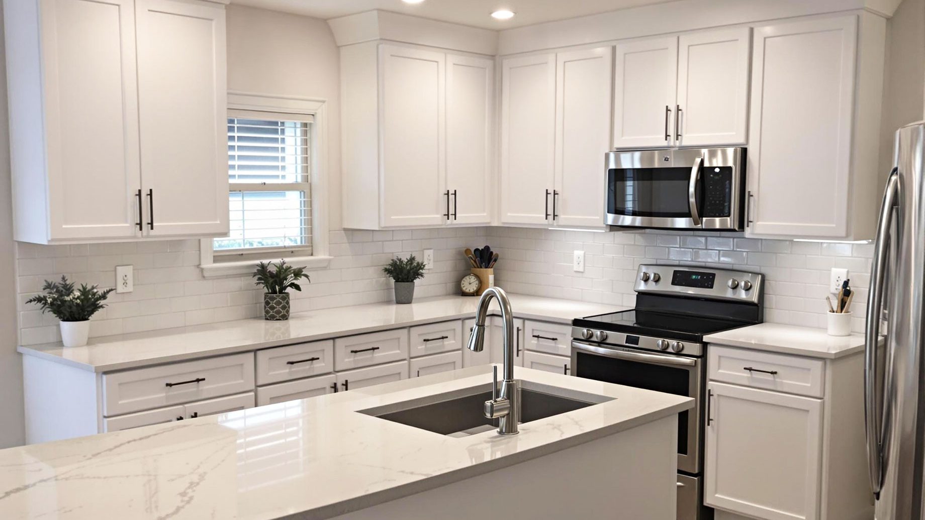 A modern kitchen featuring refaced cabinets in a sleek white finish, complemented by brushed nickel hardware. The kitchen includes a central island with a sink, white countertops, and a white subway tile backsplash. It is well-lit with recessed lighting and pendant lights over the island, creating a bright and welcoming atmosphere.