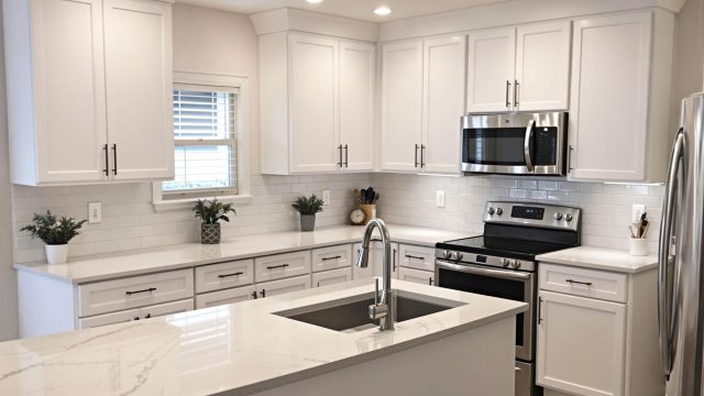 A modern kitchen featuring refaced cabinets in a sleek white finish, complemented by brushed nickel hardware. The kitchen includes a central island with a sink, white countertops, and a white subway tile backsplash. It is well-lit with recessed lighting and pendant lights over the island, creating a bright and welcoming atmosphere.
