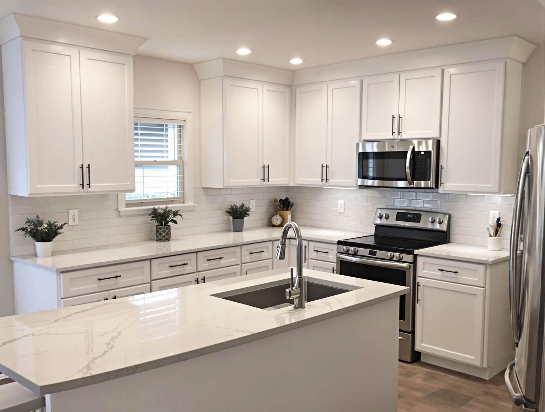 A modern kitchen featuring refaced cabinets in a sleek white finish, complemented by brushed nickel hardware. The kitchen includes a central island with a sink, white countertops, and a white subway tile backsplash. It is well-lit with recessed lighting and pendant lights over the island, creating a bright and welcoming atmosphere.
