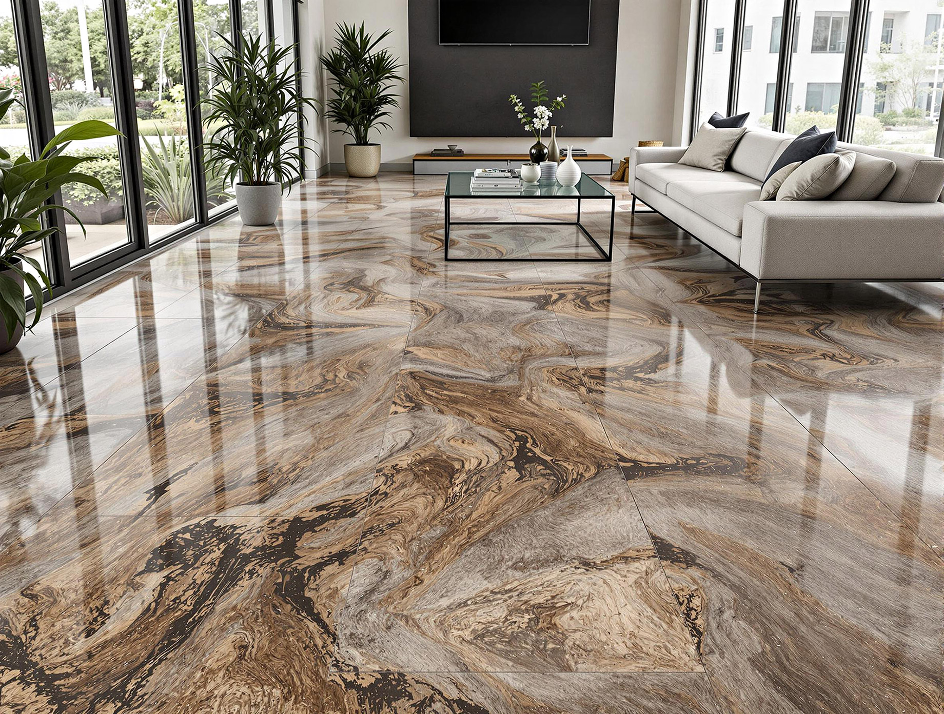 A stylish living area featuring beautifully stained concrete floors with earthy tones, minimalist furniture, indoor plants, and natural light streaming through large windows.