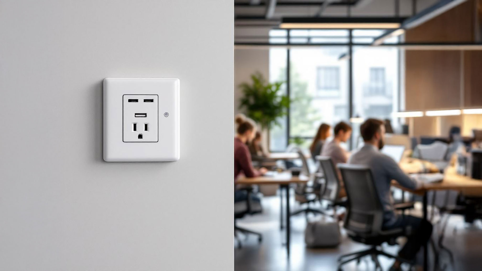 A modern office workspace with sleek wall sockets featuring USB charging ports, well-lit with natural light, and employees working at their desks.