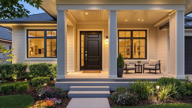 A modern suburban house featuring a fresh coat of neutral-colored paint, a stylish front door, energy-efficient windows, outdoor lighting, a well-maintained yard, and a cozy patio area with smart home features.