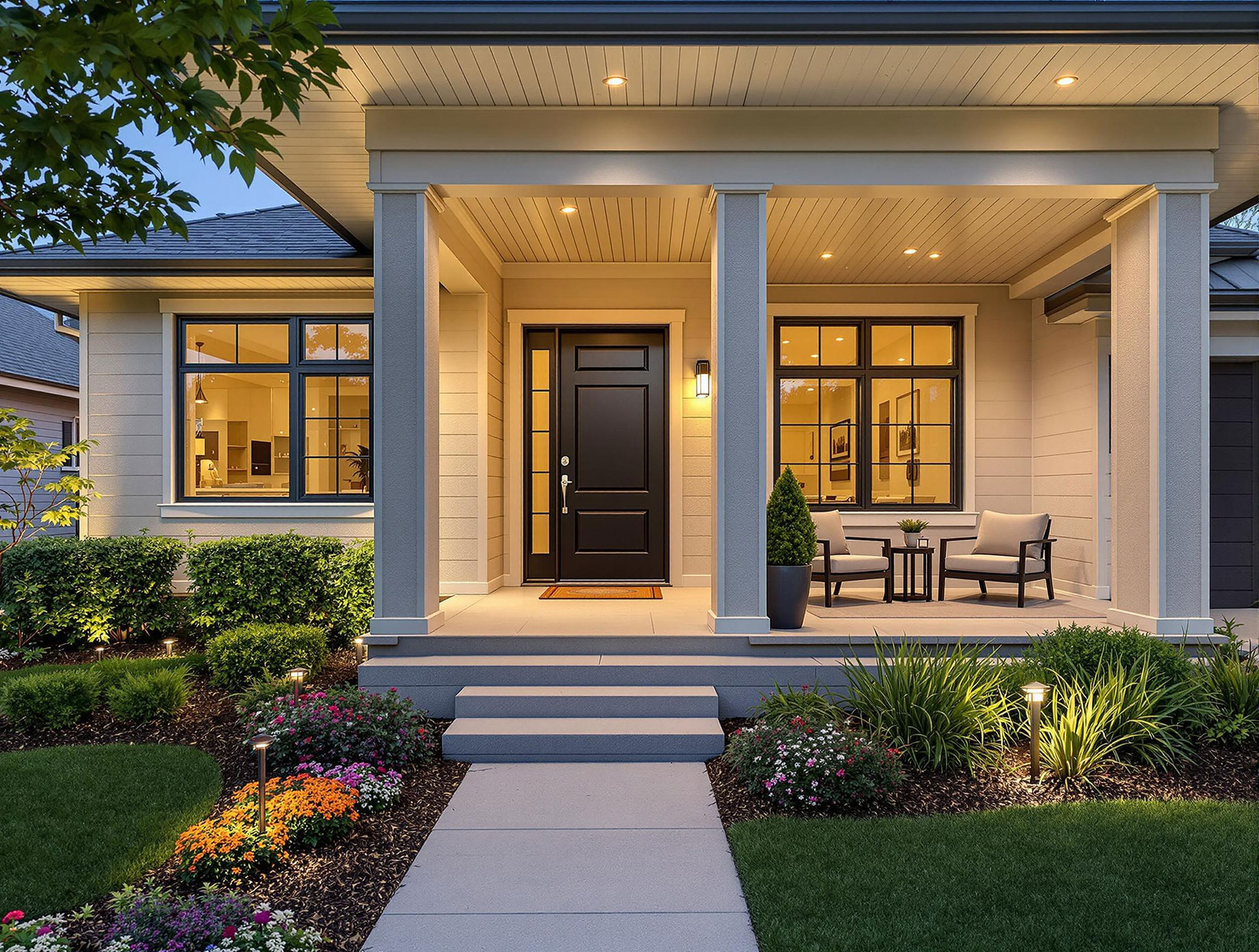 A modern suburban house featuring a fresh coat of neutral-colored paint, a stylish front door, energy-efficient windows, outdoor lighting, a well-maintained yard, and a cozy patio area with smart home features.