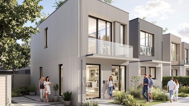 A modern townhouse display home in Melbourne with a contemporary facade, large windows, a small courtyard, and a rooftop garden. The surrounding environment includes similar townhouses, indicating a suburban neighborhood. People are casually walking around on a sunny day with clear blue skies.
