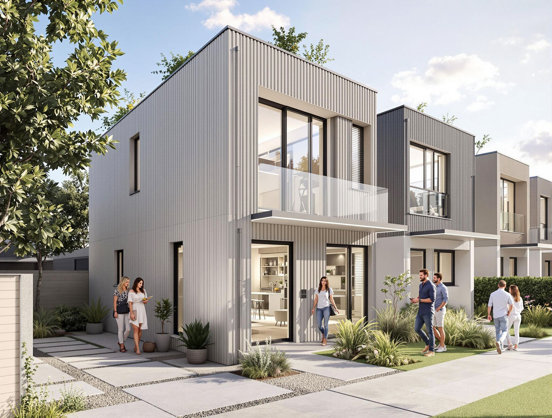 A modern townhouse display home in Melbourne with a contemporary facade, large windows, a small courtyard, and a rooftop garden. The surrounding environment includes similar townhouses, indicating a suburban neighborhood. People are casually walking around on a sunny day with clear blue skies.