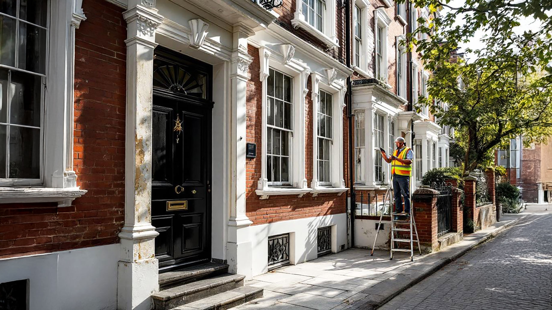 A specialist inspects a classic London townhouse for damp issues, highlighting the importance of preserving the property's heritage while addressing modern challenges like moisture infiltration.