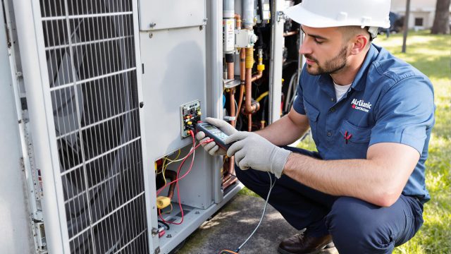 Close-up of an HVAC technician in work attire using tools to inspect an air conditioning unit, showcasing focus and precision.
