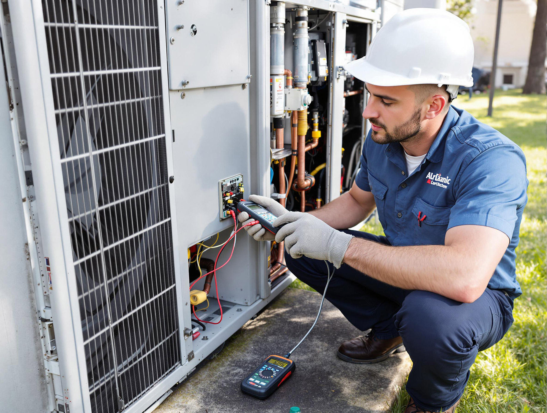 Close-up of an HVAC technician in work attire using tools to inspect an air conditioning unit, showcasing focus and precision.