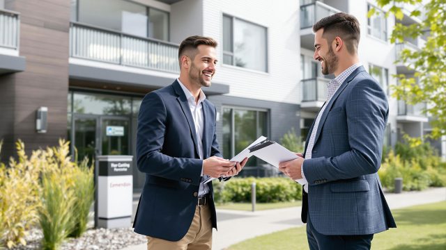 A property manager in professional attire engaging with a tenant outside a modern, well-maintained apartment building, illustrating efficient property management and tenant satisfaction.
