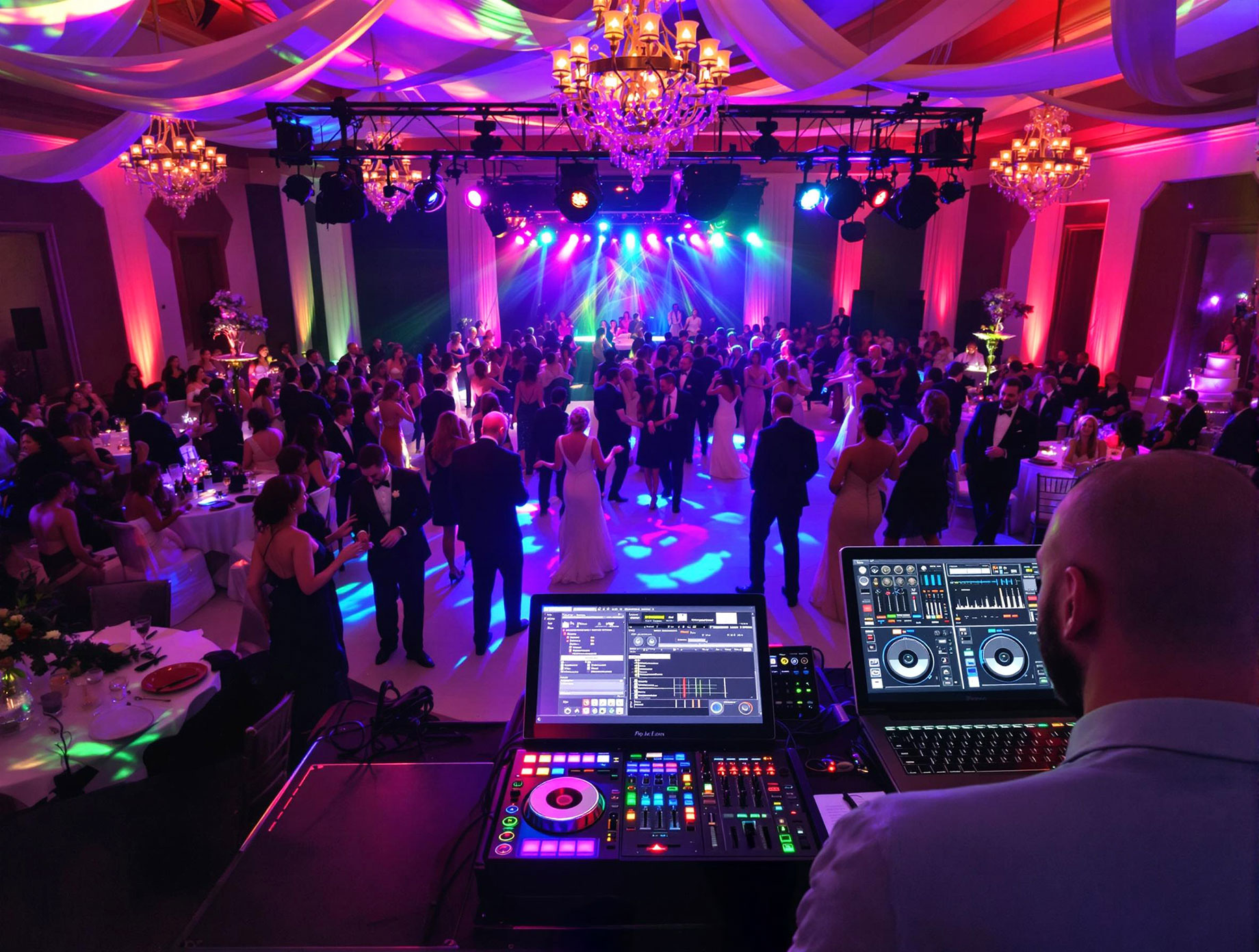 A lively wedding reception with a professional DJ at the booth, surrounded by guests dancing and enjoying the festive atmosphere, highlighting the importance of selecting the right DJ for an unforgettable experience.