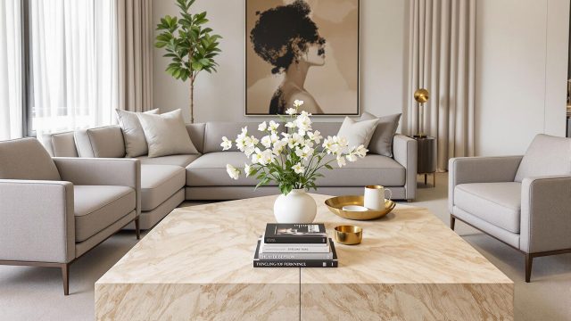 A stylish living room featuring a travertine coffee table as the focal point, adorned with a vase of fresh flowers and a stack of books, surrounded by contemporary furniture and elegant decor.