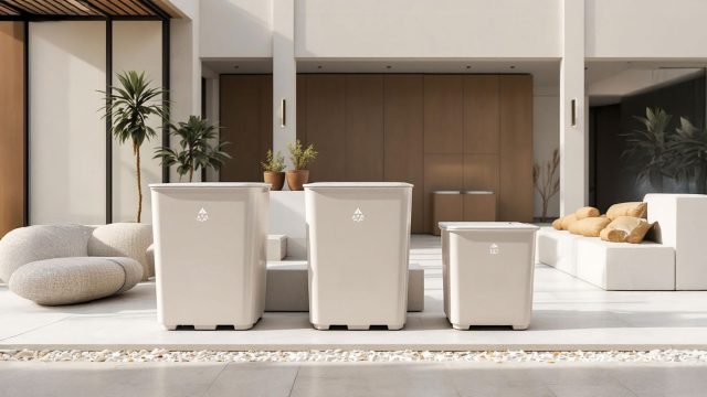 A modern and minimalistic luxurious home renovation site featuring sleek, labeled bins for marble, wood, and general construction debris, emphasizing sophistication and environmental responsibility.