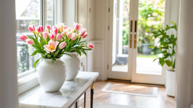 A luxurious home entryway prepared for spring, featuring fresh tulips in ceramic vessels, a pastel doormat, and well-maintained doors with polished hardware, conveying a sense of renewal and meticulous care.