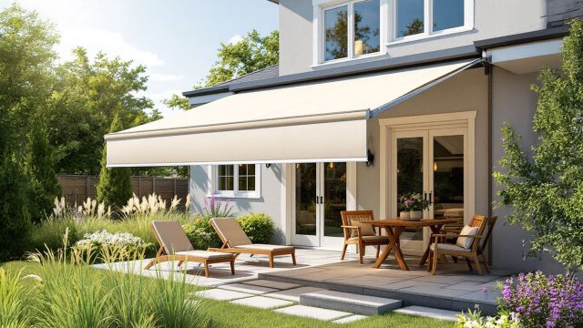 A home featuring a retractable fabric awning extended over a patio area, furnished with comfortable seating and a dining set, surrounded by a lush garden.