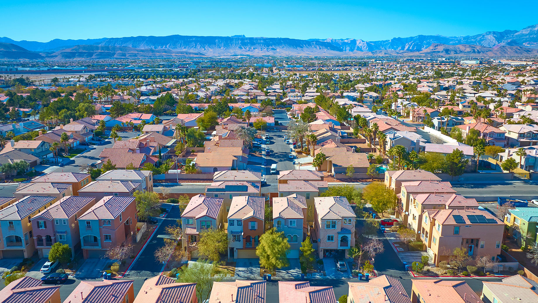 Suburban Las Vegas Neighborhood with Palm Trees and Red Roofs