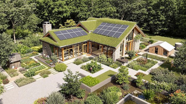 A modern eco-friendly home with solar panels, a green roof, and large windows for natural lighting, surrounded by an edible landscape, chicken coop, apiary, rainwater harvesting systems, and constructed wetlands for wastewater treatment.