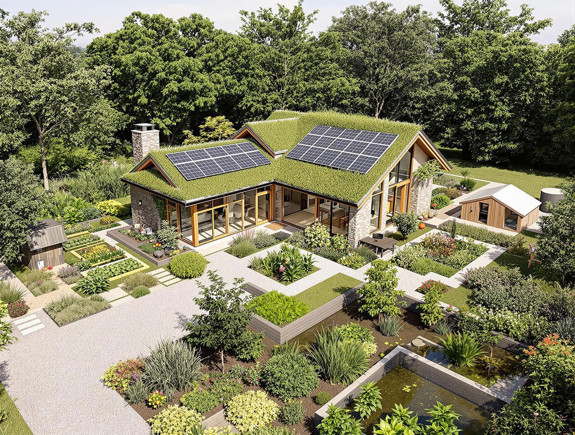 A modern eco-friendly home with solar panels, a green roof, and large windows for natural lighting, surrounded by an edible landscape, chicken coop, apiary, rainwater harvesting systems, and constructed wetlands for wastewater treatment.