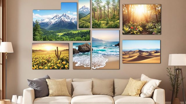 A collage of landscape canvas prints featuring majestic mountains, dense forests, calming ocean views, expansive deserts, and rolling countryside panoramas, each displayed in different rooms of a home to create a personal art gallery.