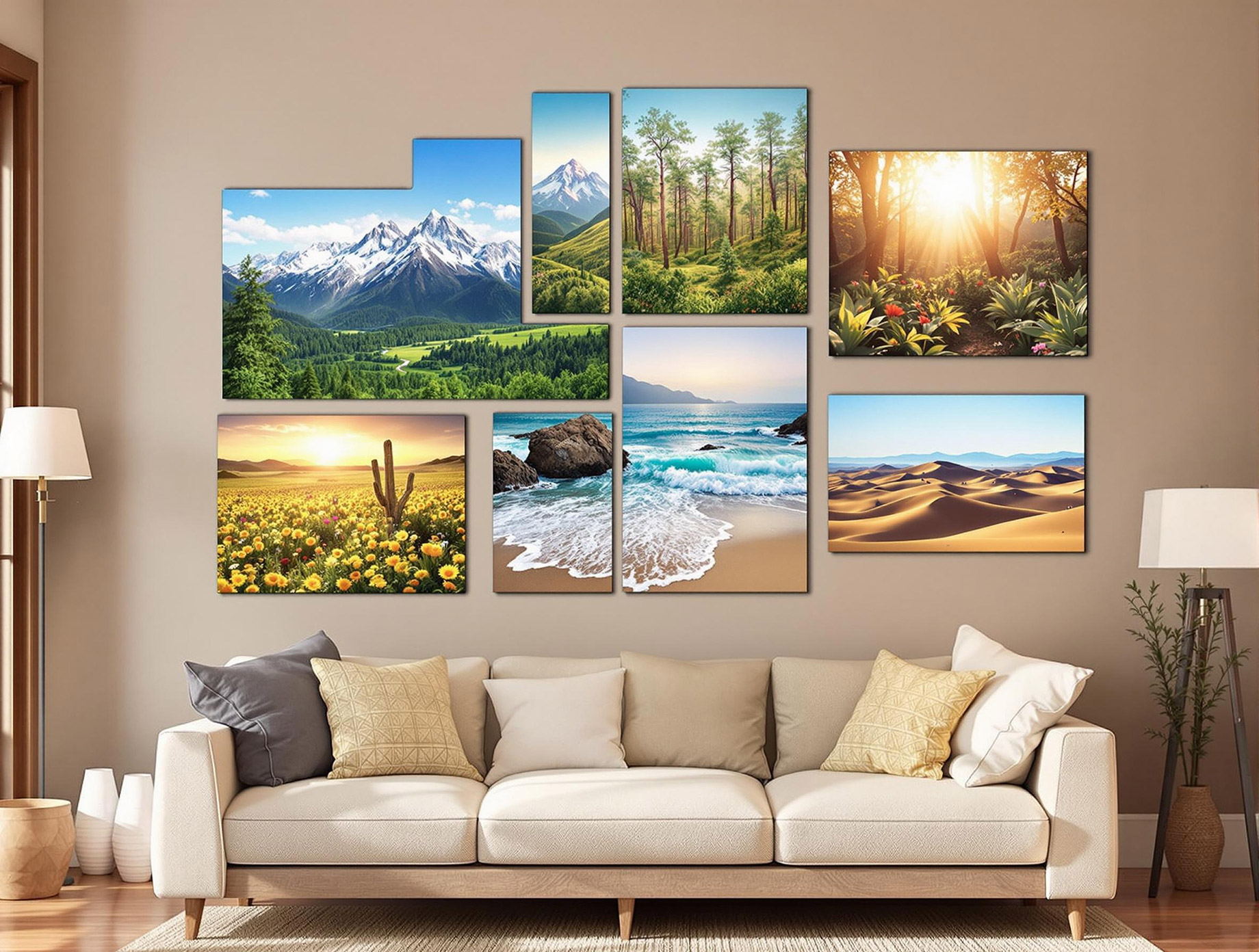 A collage of landscape canvas prints featuring majestic mountains, dense forests, calming ocean views, expansive deserts, and rolling countryside panoramas, each displayed in different rooms of a home to create a personal art gallery.