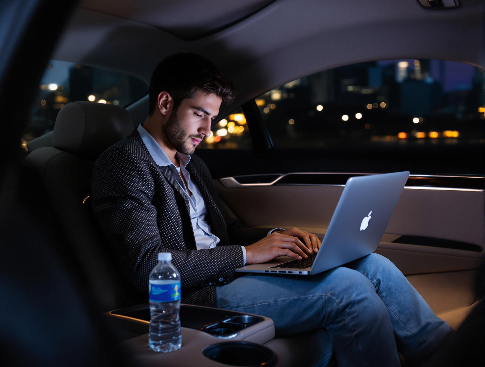 Typing on a MacBook in a Limo