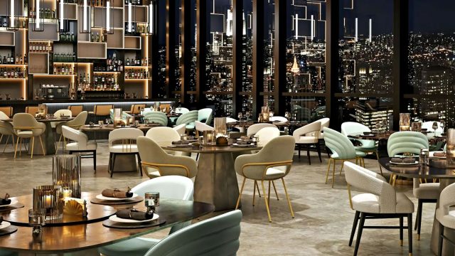 Upscale restaurant with custom modern dining chairs, accent seating, round tables, and city skyline views—highlighting luxury hospitality furniture and layout design.