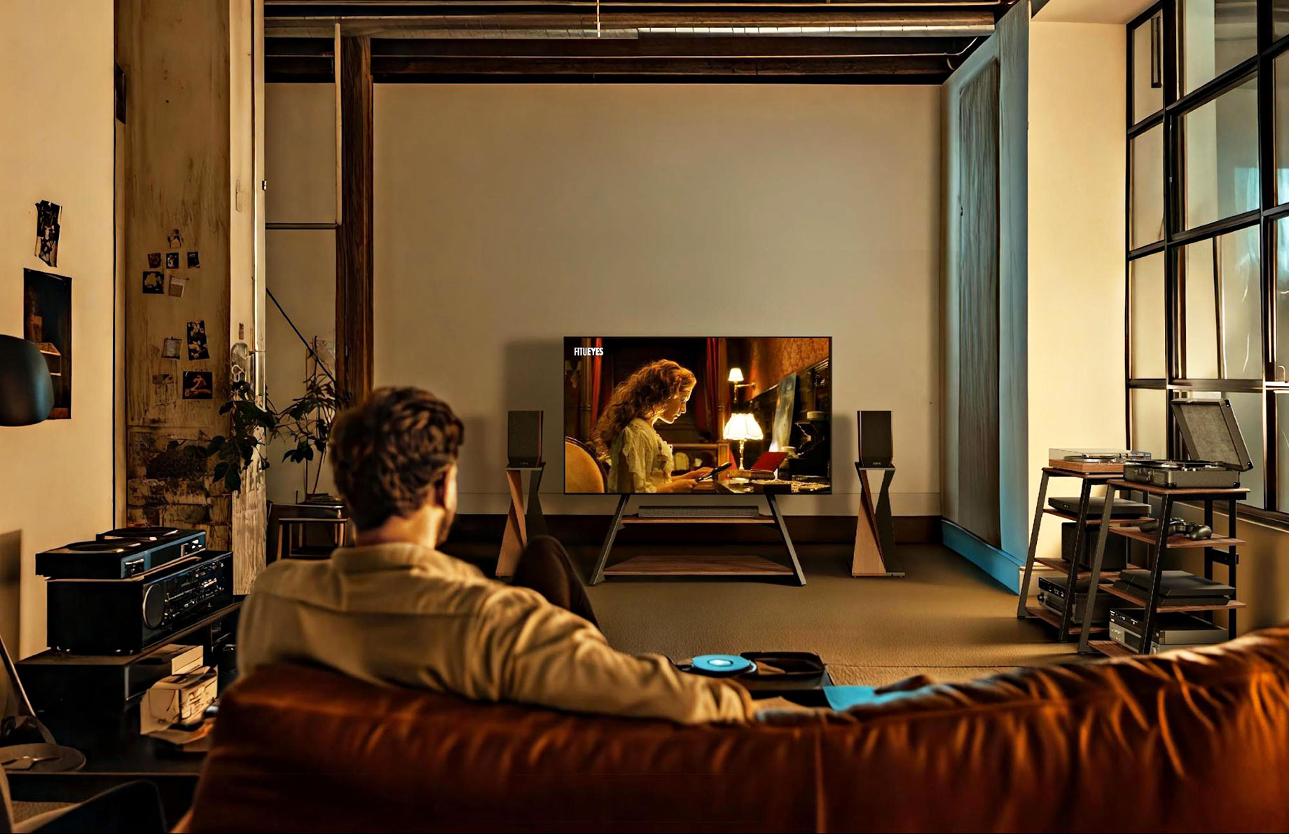 Watching TV on the Modern FITUEYES TV Stand