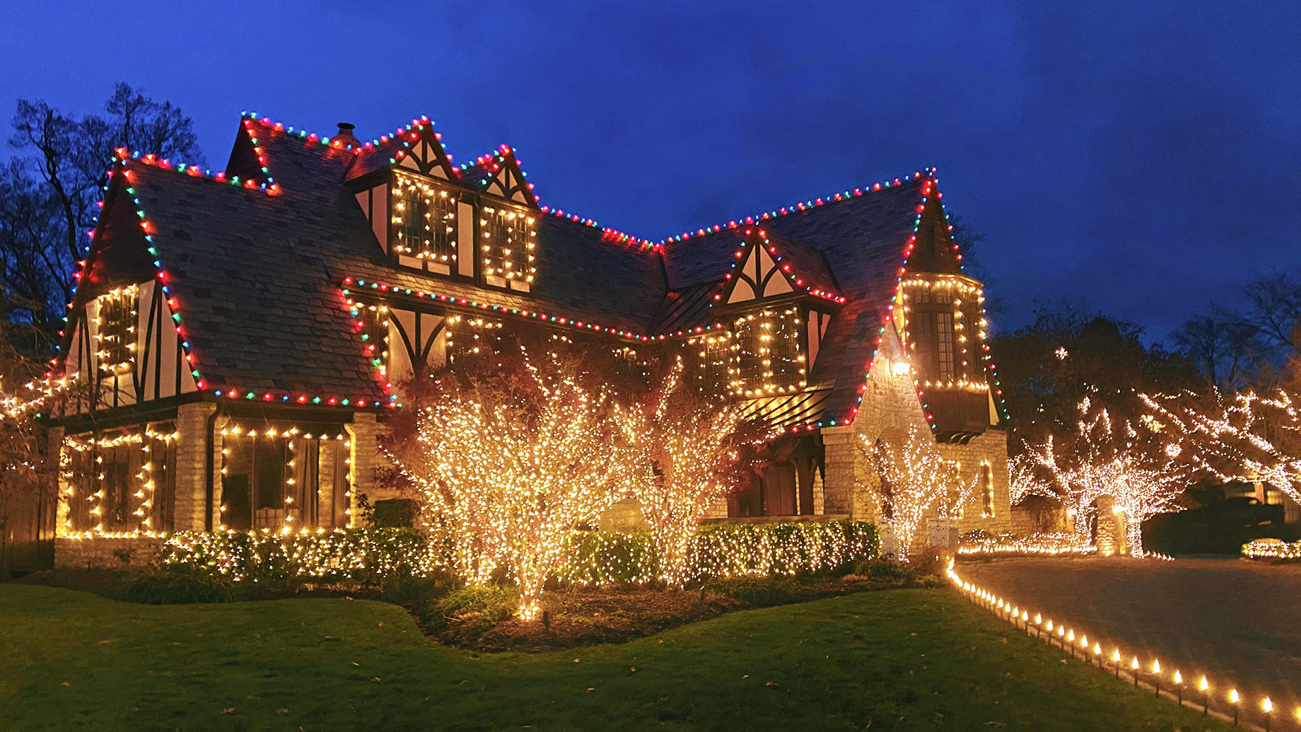 Grand House with Christmas Lights