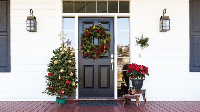 Home Entrance Door Decorated for the Christmas Holiday Season