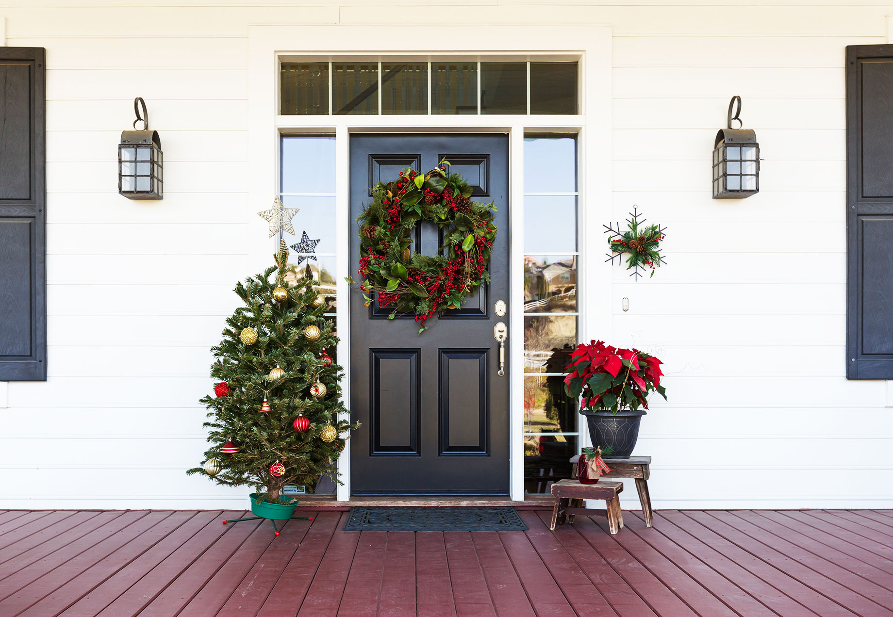 Home Entrance Door Decorated for the Christmas Holiday Season
