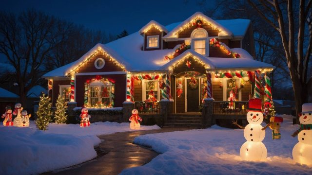 House Decorated with Christmas Holiday Decor in the Snow