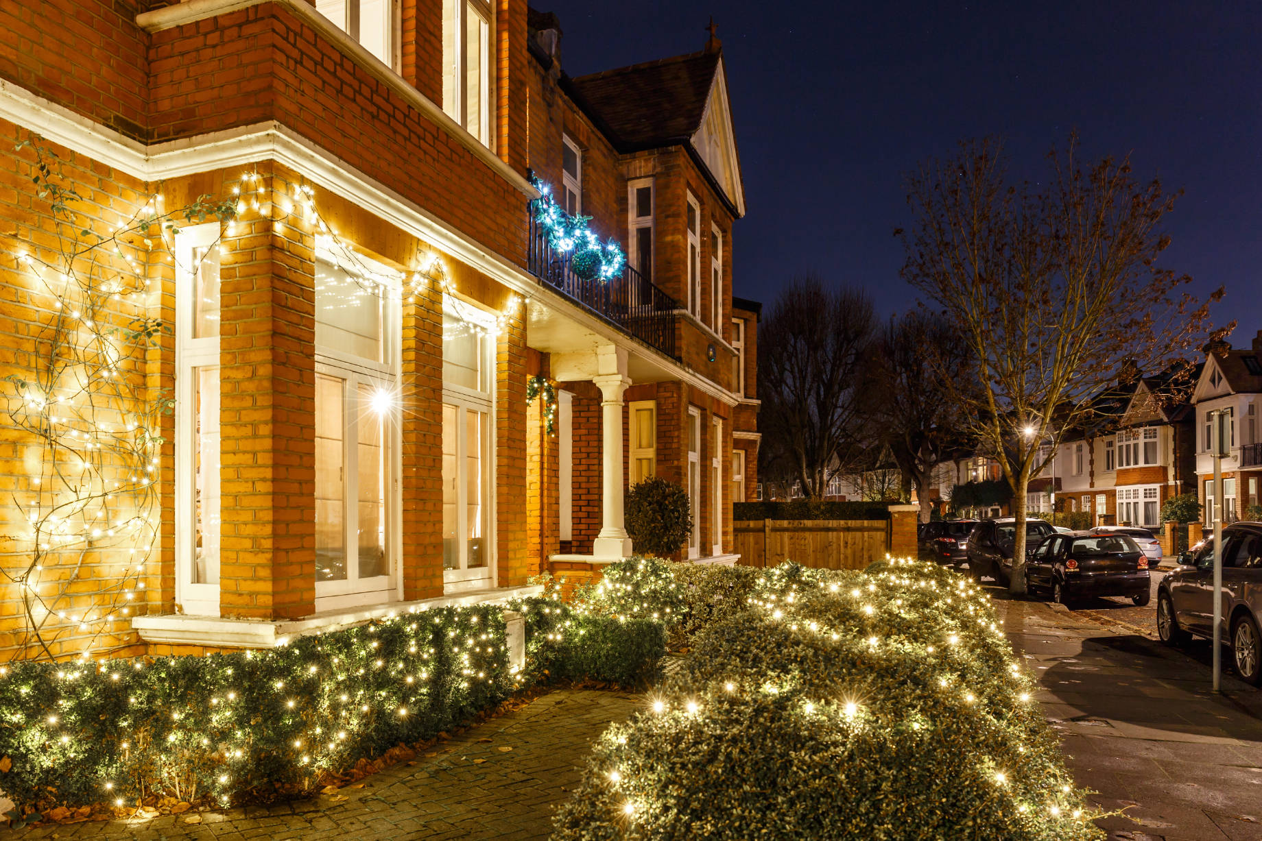 House Decorated with Christmas Lights in London, England, UK