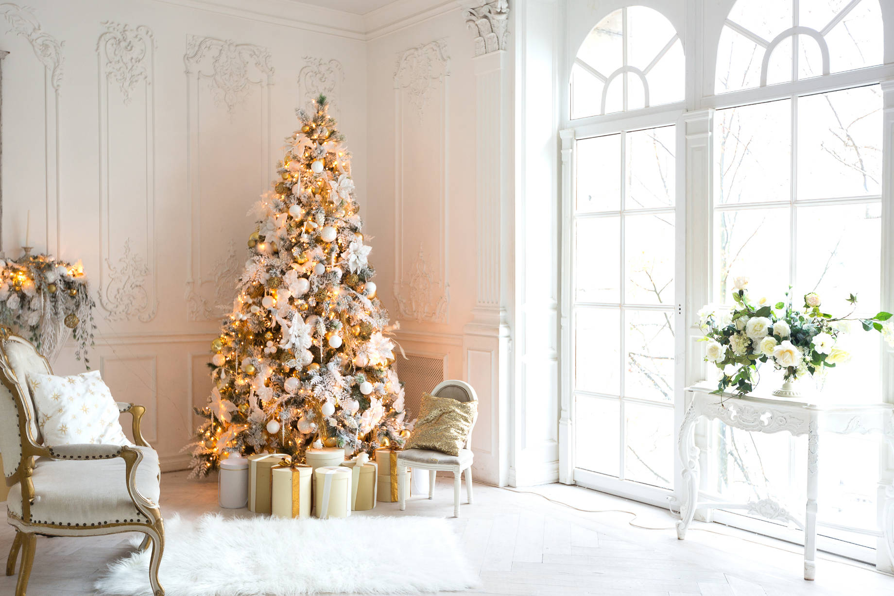 Interior Living Room in a Royal Style Decoration with a Christmas Tree