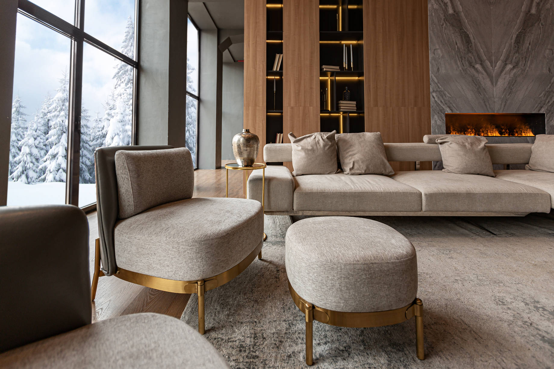 Living Room with Marble Wall Fireplace and Stylish Bookcase in a Chic Luxury House with Snow Outside