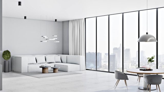 Minimalistic Apartment with Modern White, Grey, and Silver Interior Design