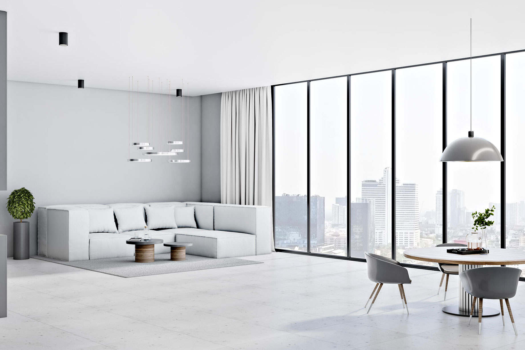 Minimalistic Apartment with Modern White, Grey, and Silver Interior Design
