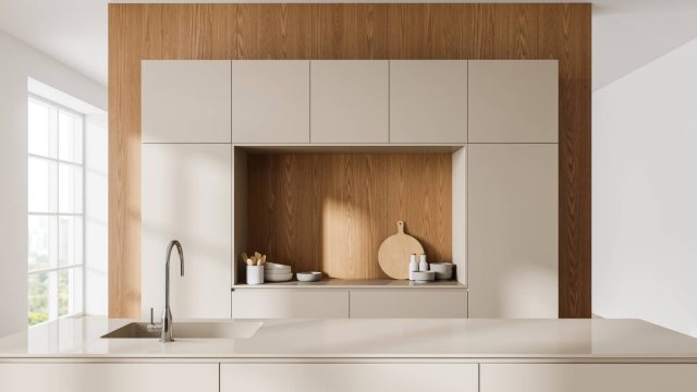 Minimalistic Beige and Wooden Home Kitchen Interior with Bar Island and Sink