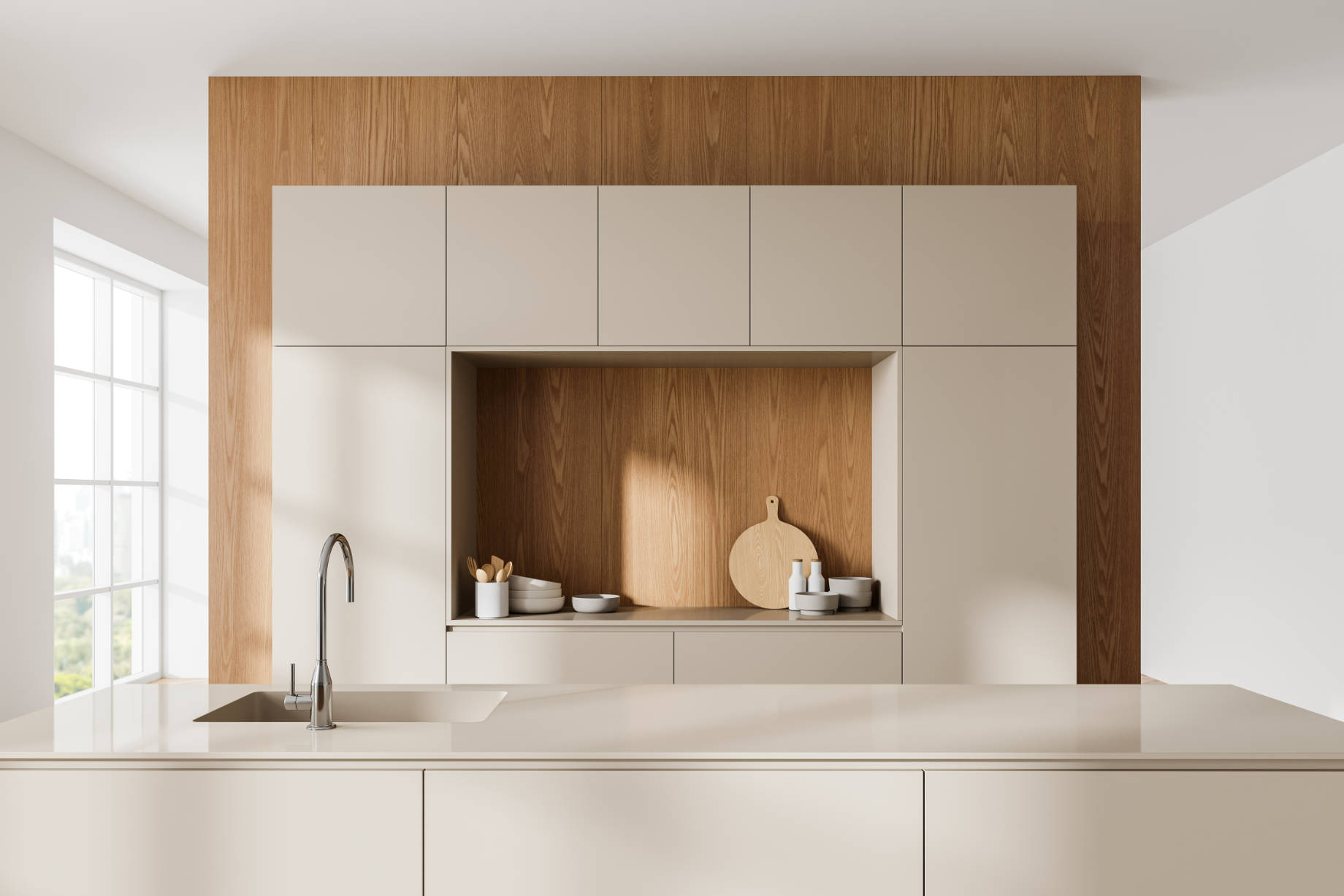 Minimalistic Beige and Wooden Home Kitchen Interior with Bar Island and Sink