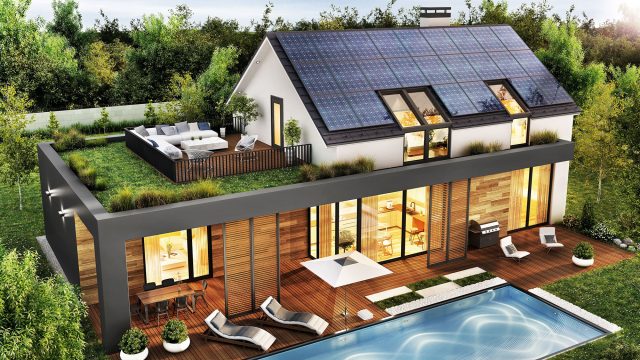 Modern House of the Future with Pool, Green Roof and Patio, with Solar Panels