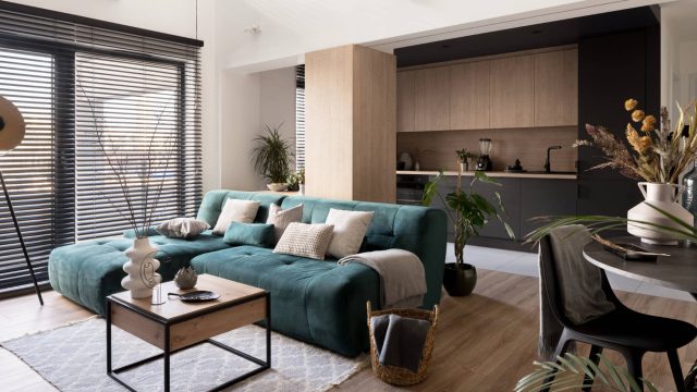 Modern Living Room with Big Windows Open to a Dark Kitchen