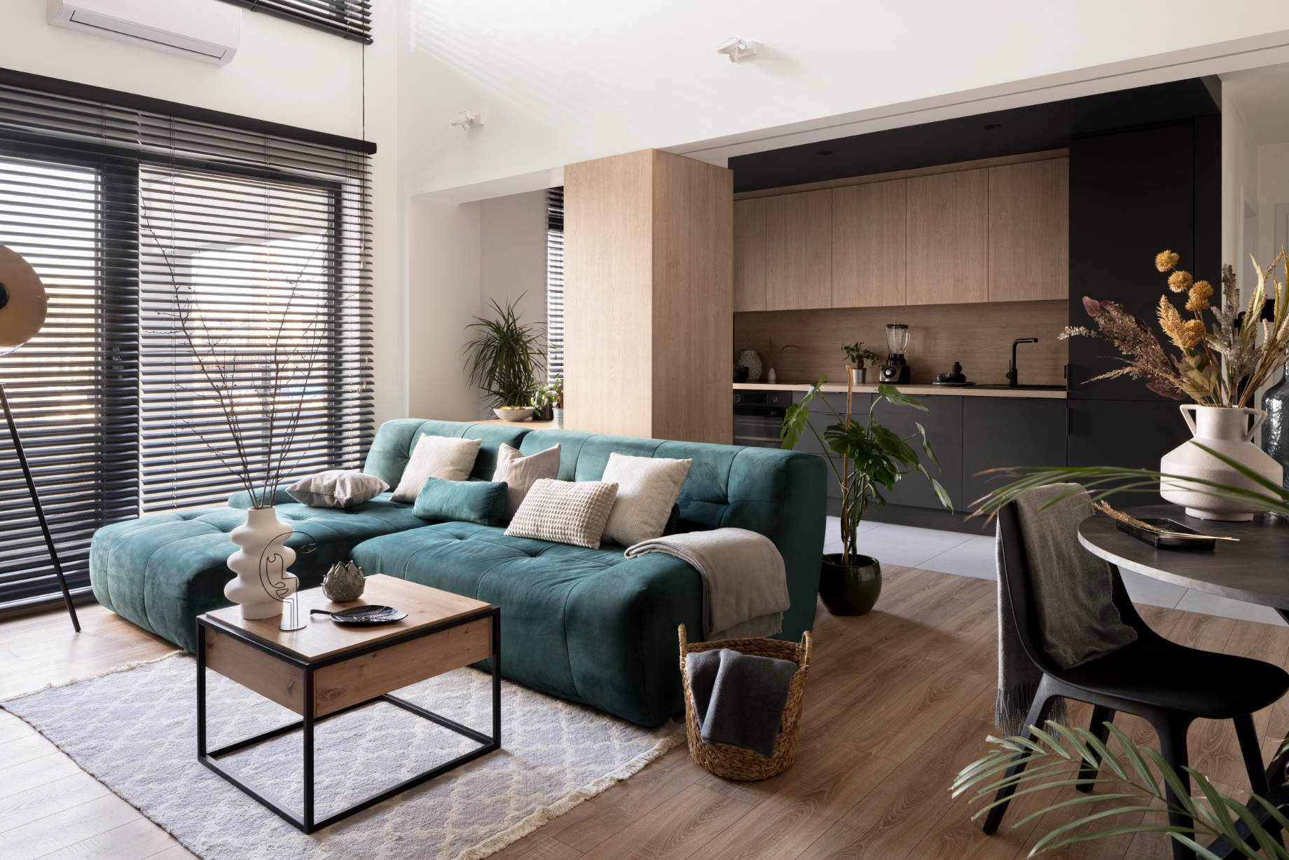 Modern Living Room with Big Windows Open to a Dark Kitchen